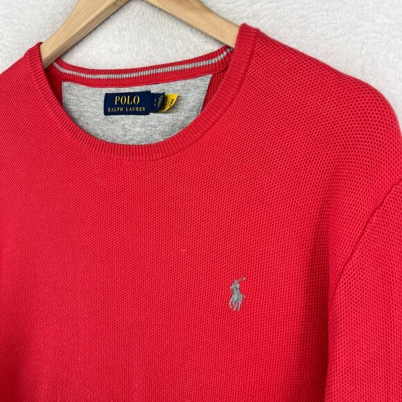 POLO RALPH LAUREN Sweater Mens S Mesh Knit Cotton Crewneck Pullover Jumper Red - Picture 2 of 16